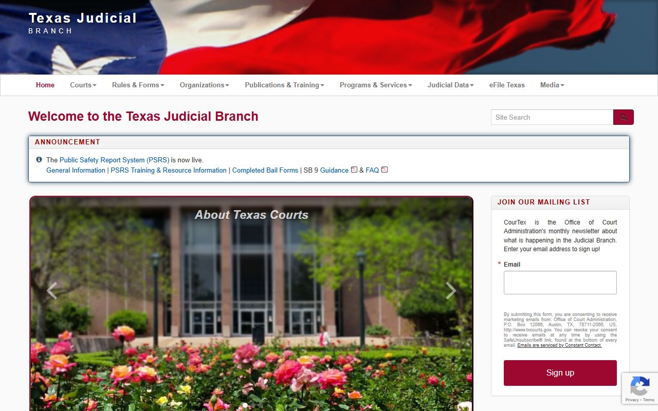 Texas Judicial Branch homepage for criminal history and court records